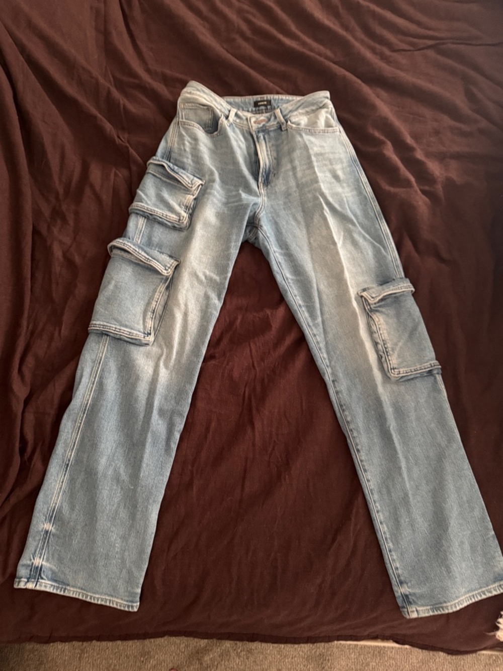 Express Light Wash Denim Cargo Jeans with Patch Pockets